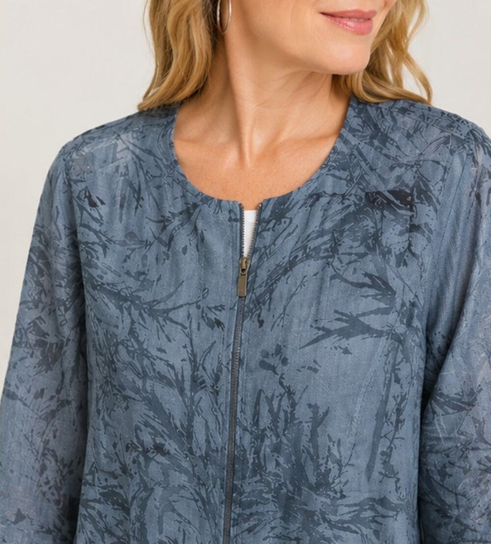 Coldwater Creek Burnout Topper Jacket Medium Dusty Blue Floral Zip Statement